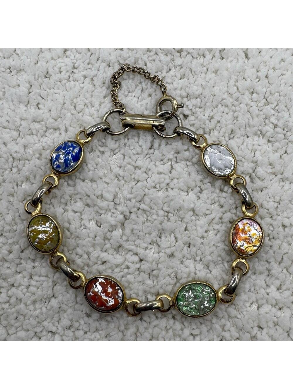 Vintage Multicolor Glass Cabochon Link Bracelet Gold Tone